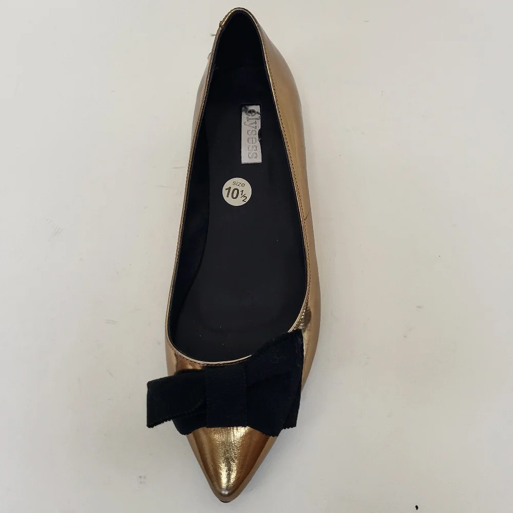 ANTHROPOLOGY Elysess Flats Womens 10.5 Gold Black Bow Patent Pointed Toe - Picture 11 of 12